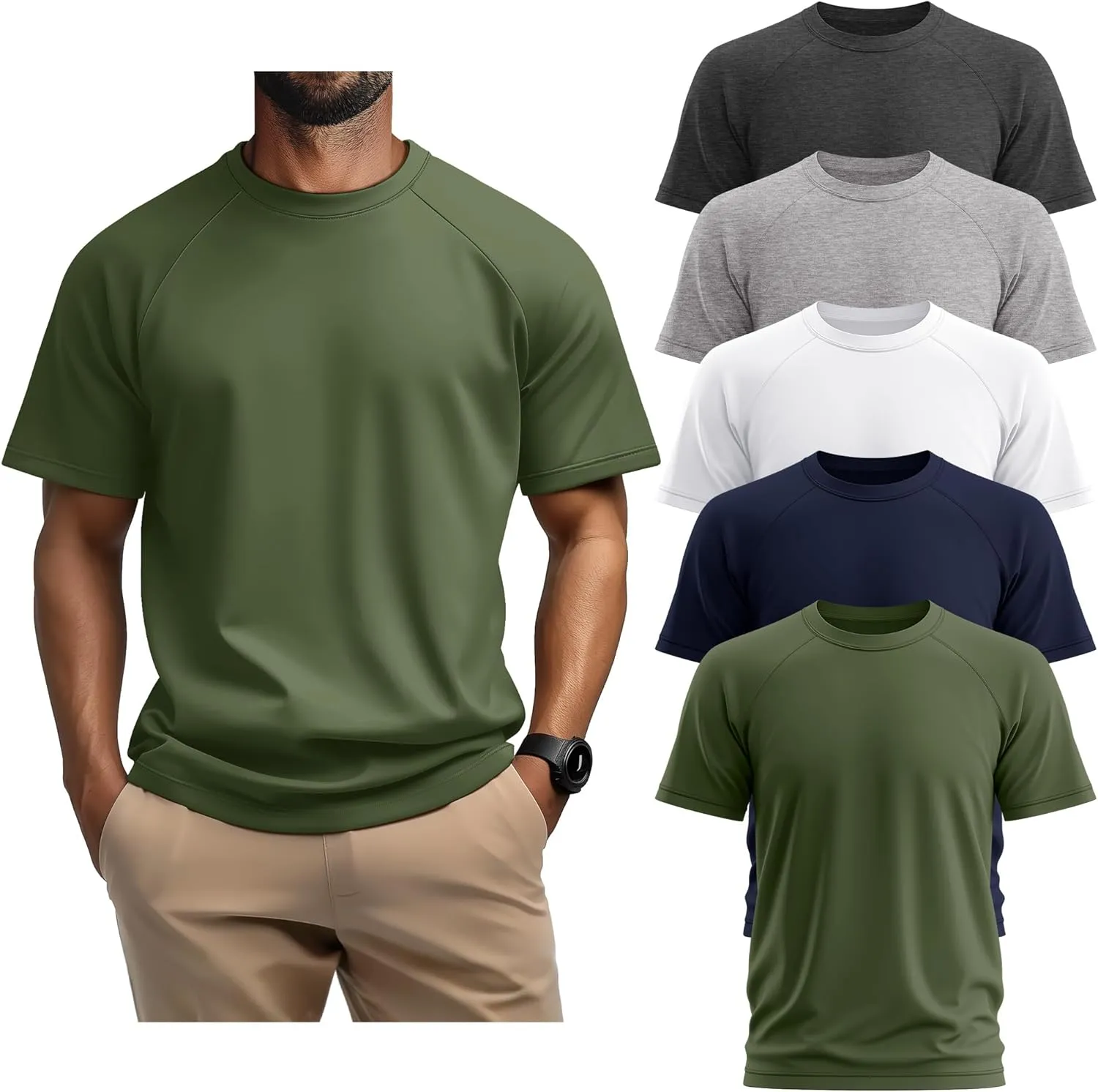5 Pack Men's Big & Tall Cotton T-Shirts, Short Sleeve Crew Neck Shirts Moisture Wicking Classic Tees Bulk Multipack