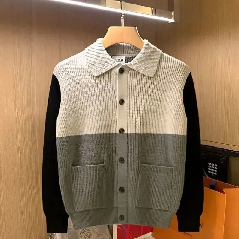 Advbridge Patchwork Knitted Cardigan Sweater Autumn Winter Men's Matching Color Casual Loose Knitwear Fashion Sweaters Warm Coat Versatile