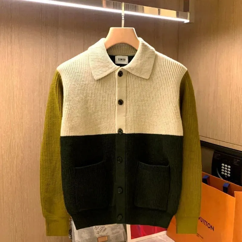 Advbridge Patchwork Knitted Cardigan Sweater Autumn Winter Men's Matching Color Casual Loose Knitwear Fashion Sweaters Warm Coat Versatile