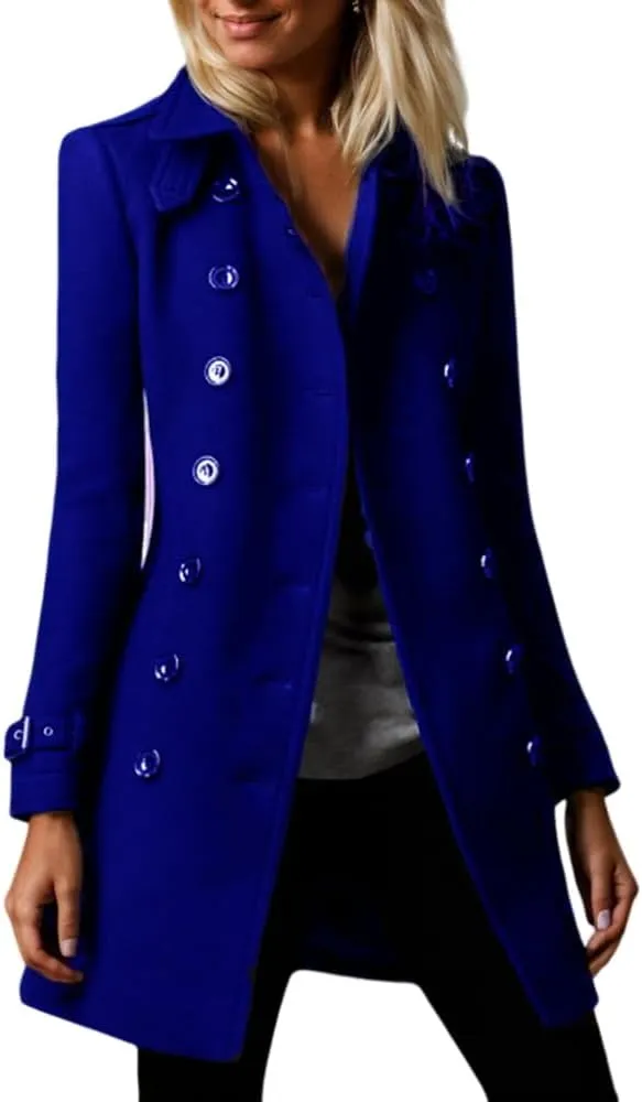 Akivide Women's Winter Warm Thicken Double Breasted Wool Blend Trench Peacoat 2024 Trendy Lapel Outerwear Coat with Pockets
