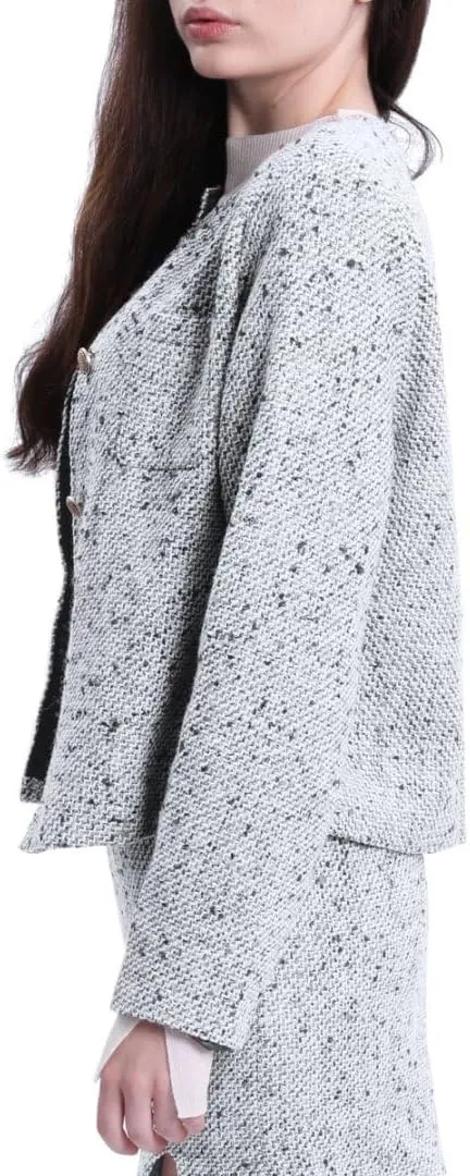 Amazhiyu Womens Wool Button-up Cropped Tweed Jacket Blazer Slim Fit with Pockets