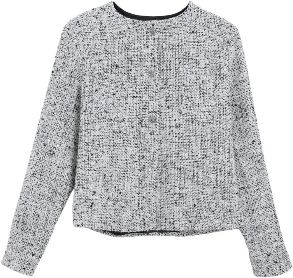 Amazhiyu Womens Wool Button-up Cropped Tweed Jacket Blazer Slim Fit with Pockets
