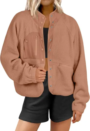 ANRABESS Womens Fuzzy Fleece Jacket Fall Casual Long Sleeve Cropped Sherpa Button Down Shacket Coats Outwear With Pockets