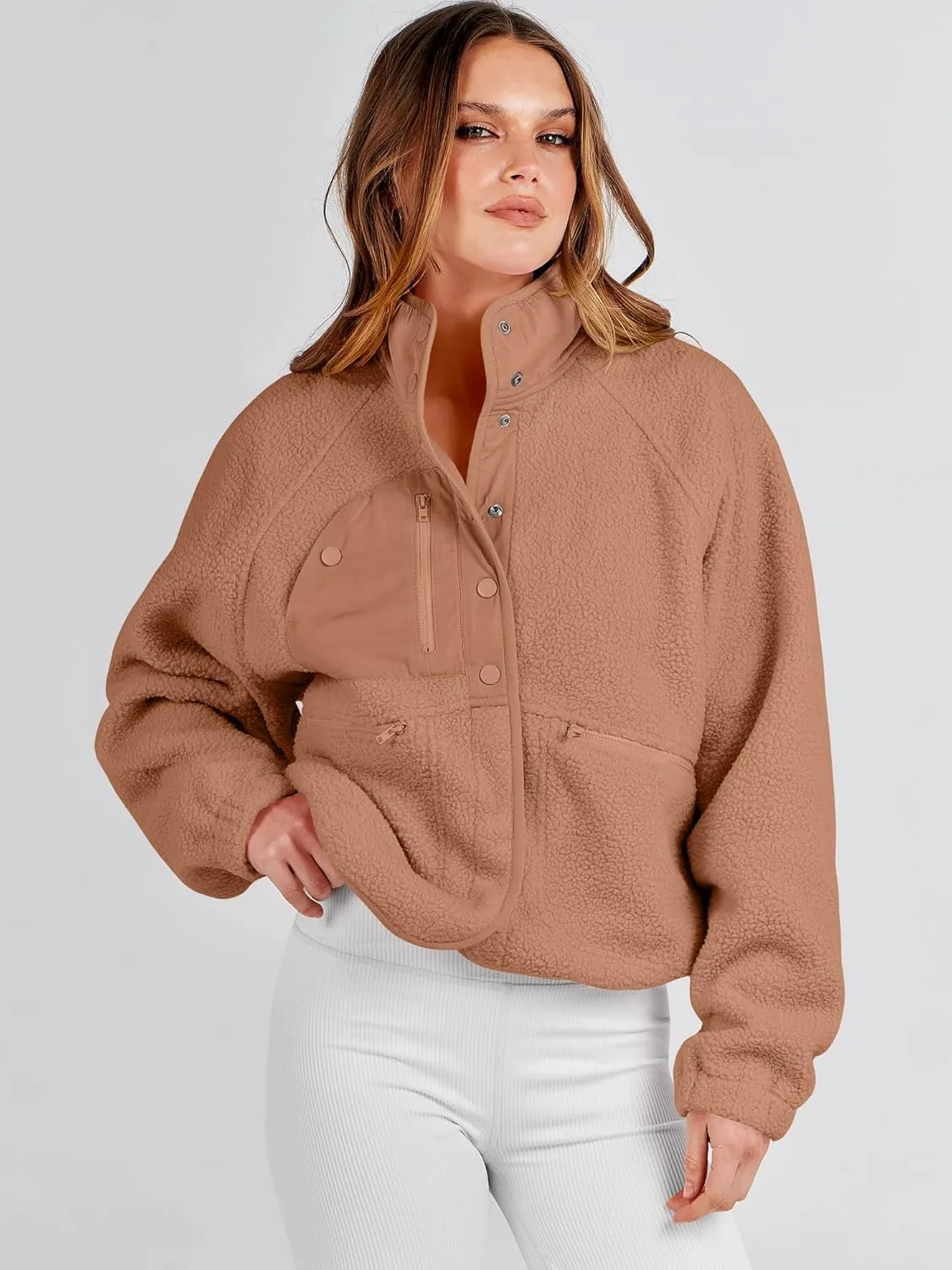 ANRABESS Womens Fuzzy Fleece Jacket Fall Casual Long Sleeve Cropped Sherpa Button Down Shacket Coats Outwear With Pockets