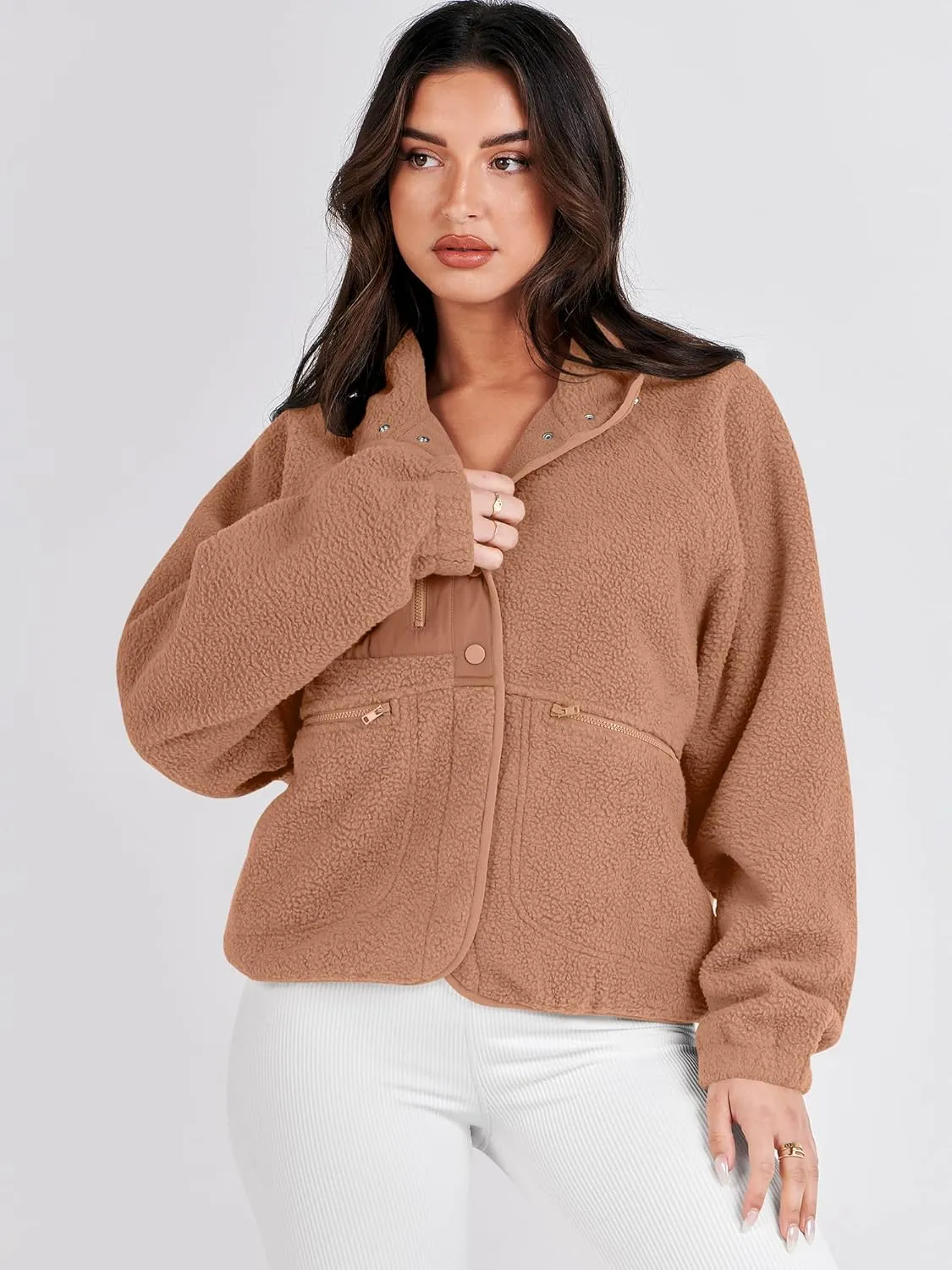 ANRABESS Womens Fuzzy Fleece Jacket Fall Casual Long Sleeve Cropped Sherpa Button Down Shacket Coats Outwear With Pockets