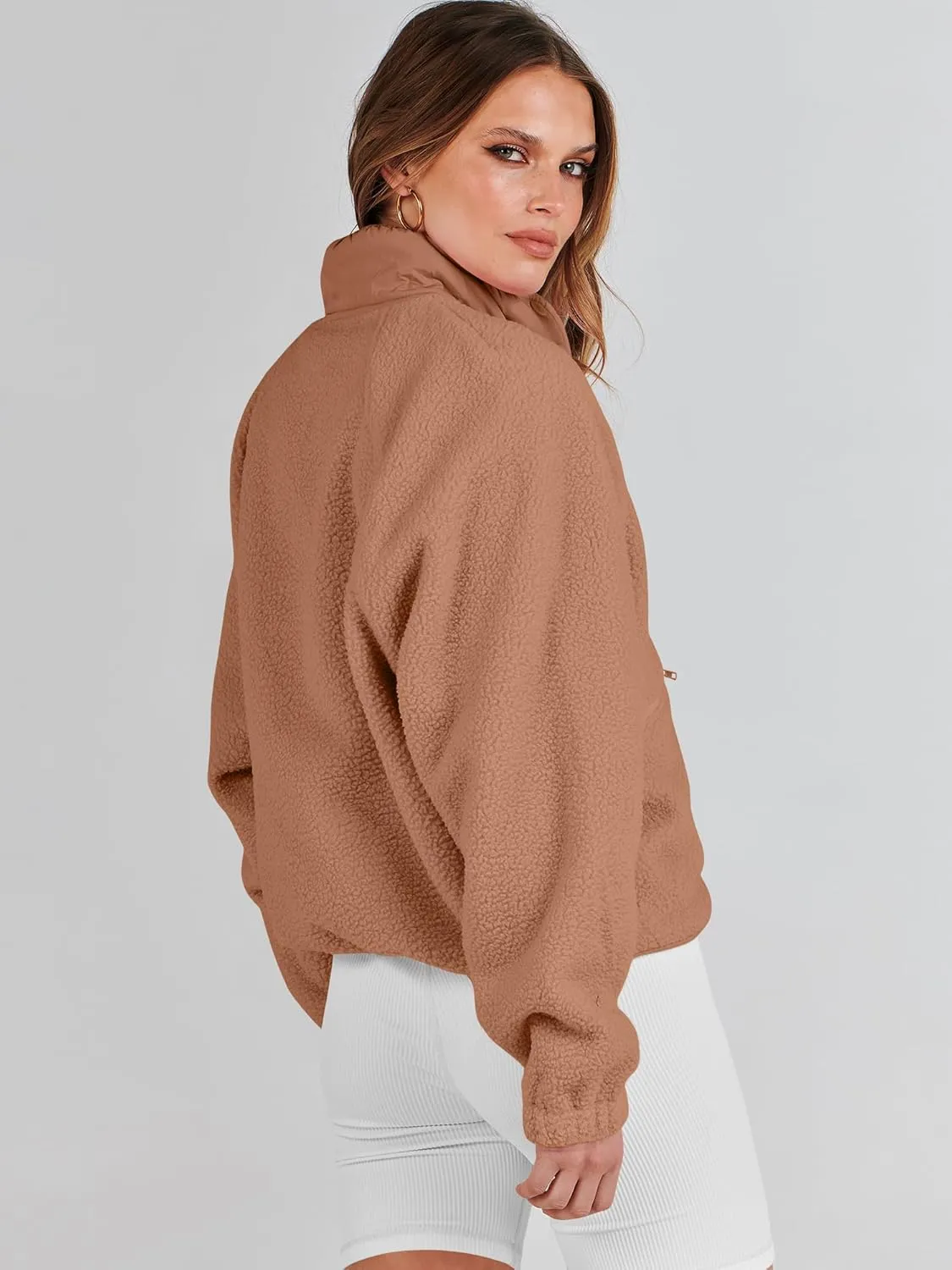 ANRABESS Womens Fuzzy Fleece Jacket Fall Casual Long Sleeve Cropped Sherpa Button Down Shacket Coats Outwear With Pockets