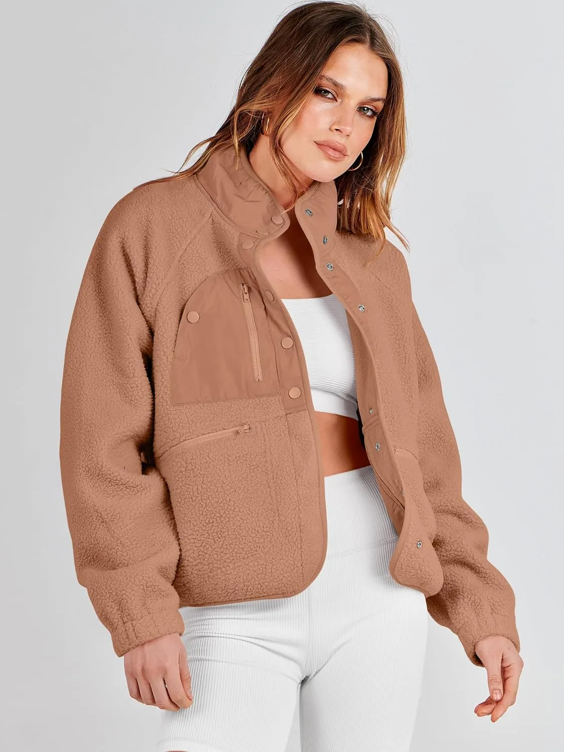 ANRABESS Womens Fuzzy Fleece Jacket Fall Casual Long Sleeve Cropped Sherpa Button Down Shacket Coats Outwear With Pockets