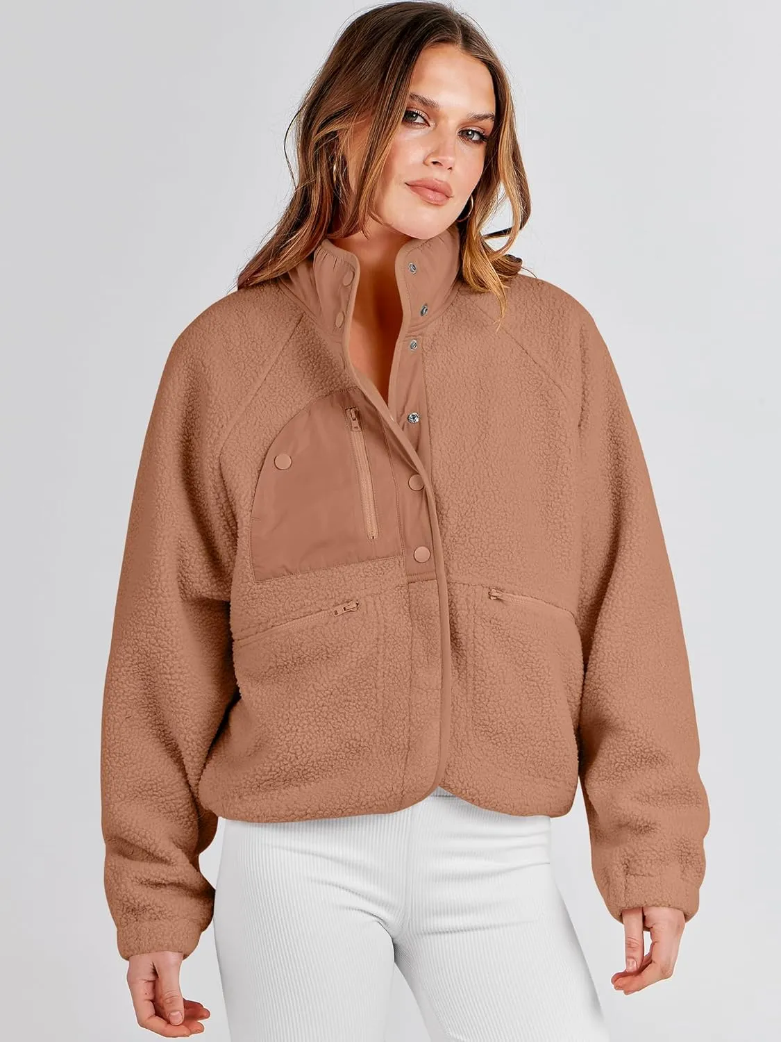 ANRABESS Womens Fuzzy Fleece Jacket Fall Casual Long Sleeve Cropped Sherpa Button Down Shacket Coats Outwear With Pockets
