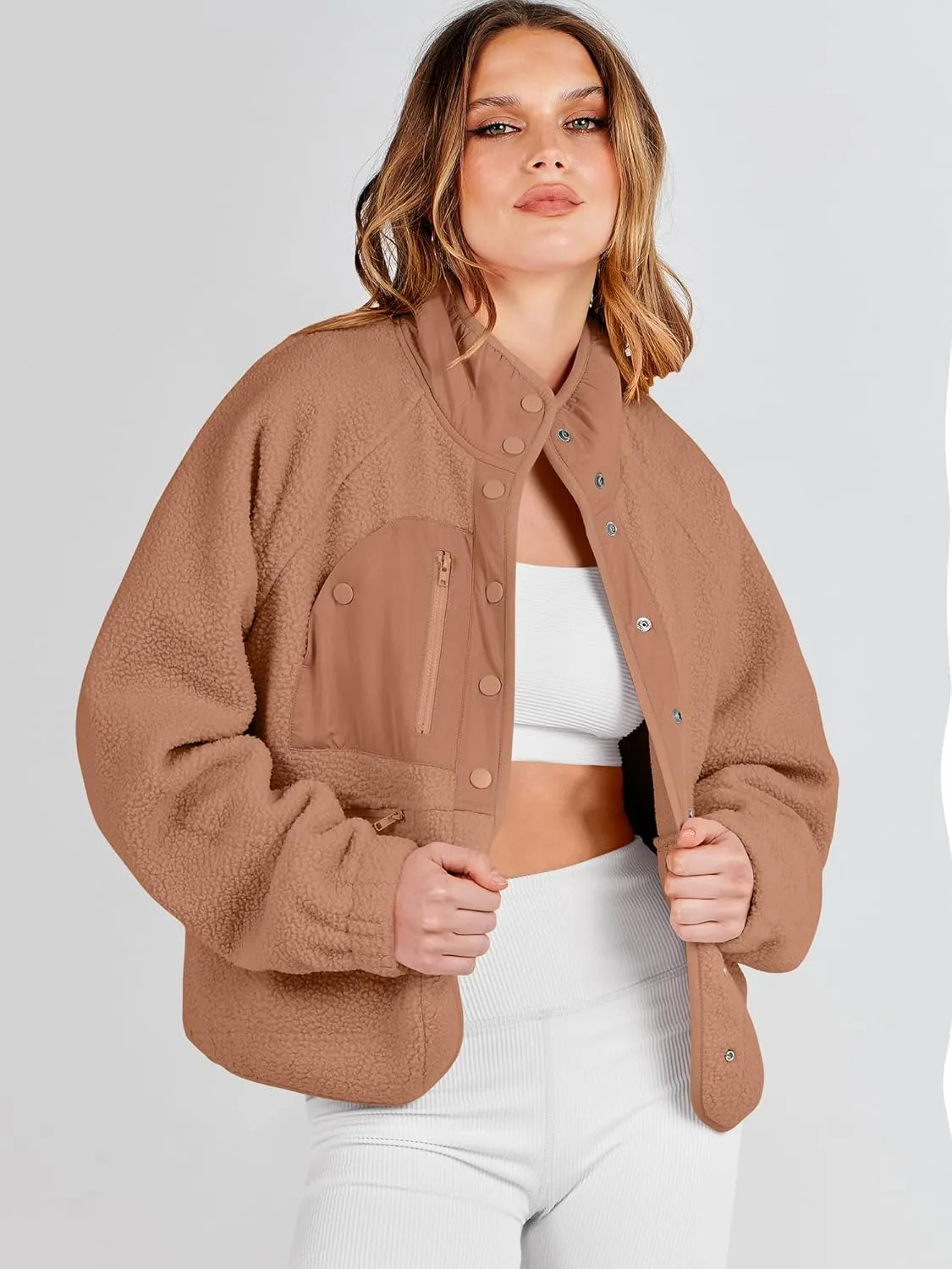 ANRABESS Womens Fuzzy Fleece Jacket Fall Casual Long Sleeve Cropped Sherpa Button Down Shacket Coats Outwear With Pockets
