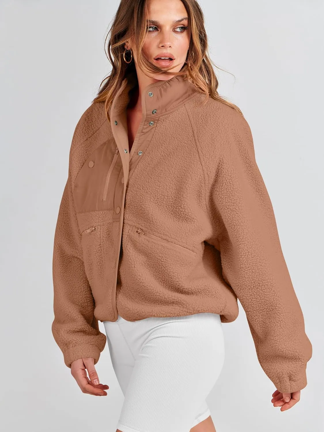 ANRABESS Womens Fuzzy Fleece Jacket Fall Casual Long Sleeve Cropped Sherpa Button Down Shacket Coats Outwear With Pockets