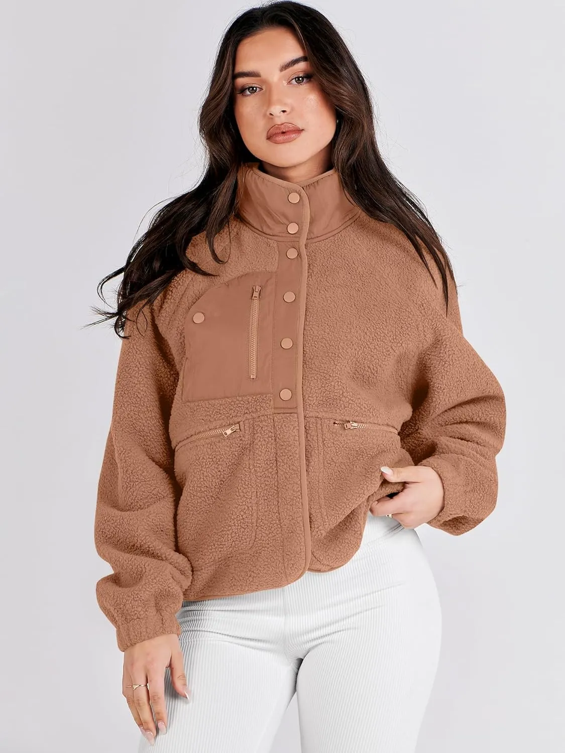 ANRABESS Womens Fuzzy Fleece Jacket Fall Casual Long Sleeve Cropped Sherpa Button Down Shacket Coats Outwear With Pockets