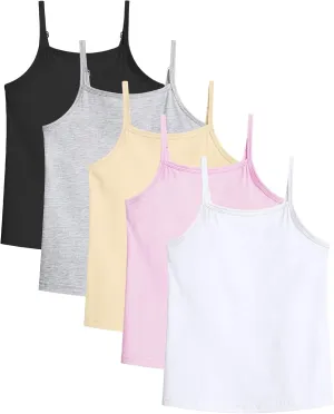 Auranso Girls Undershirts 5 Pack Toddler Camisole Cotton Adjustable Straps Sleeveless Cami Dance Tank Tops for Girls