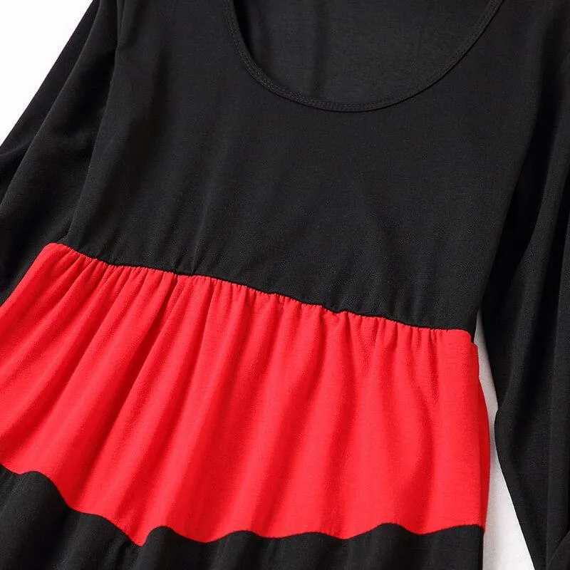 Black&Red Long-sleeve Stitching Striped Matching Dresses