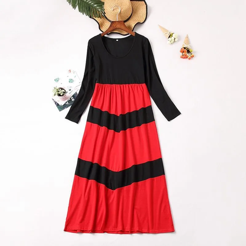 Black&Red Long-sleeve Stitching Striped Matching Dresses