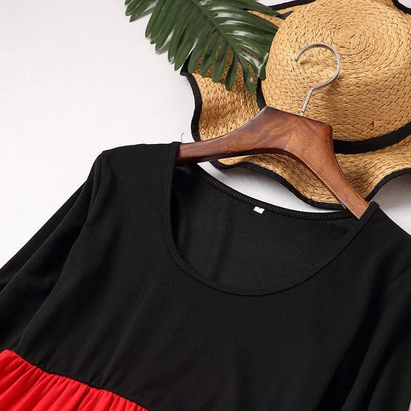 Black&Red Long-sleeve Stitching Striped Matching Dresses