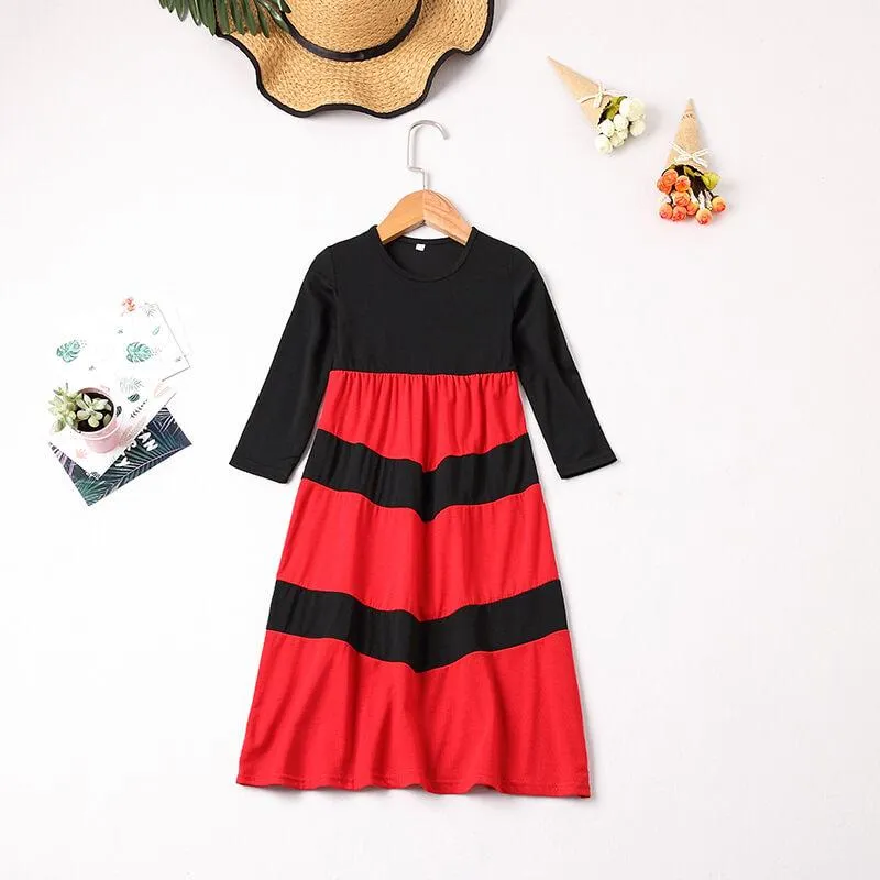 Black&Red Long-sleeve Stitching Striped Matching Dresses