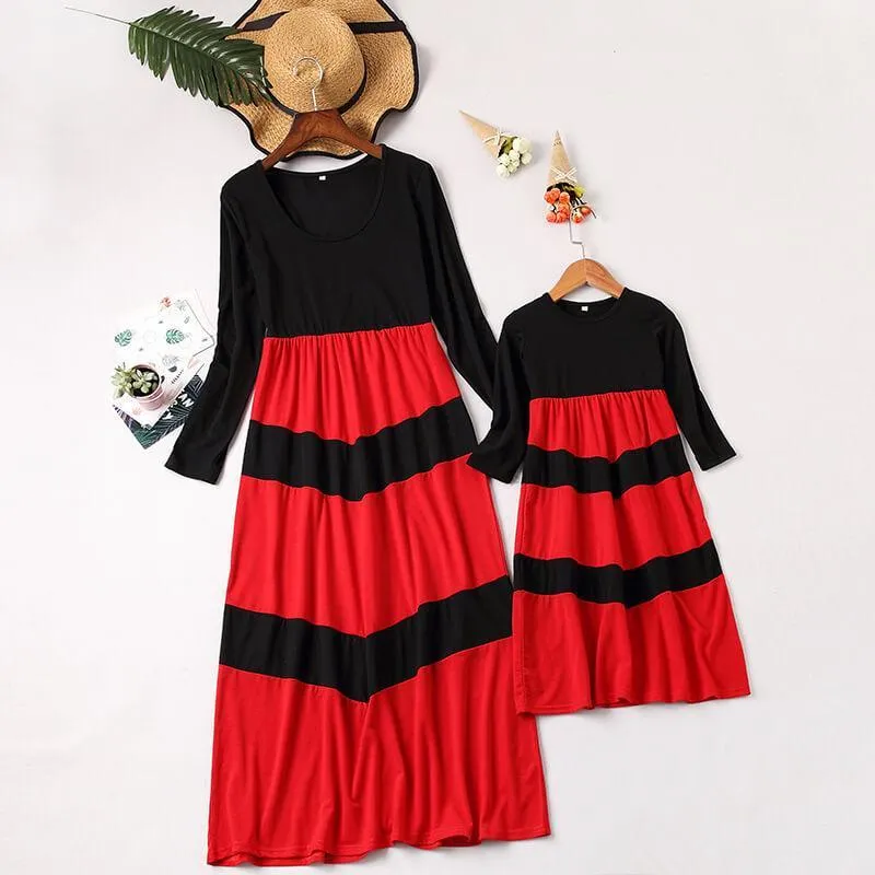 Black&Red Long-sleeve Stitching Striped Matching Dresses