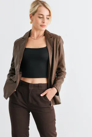 Brown Faux Leather Two Pocket Button Long Sleeve Blazer /1-2-2-1