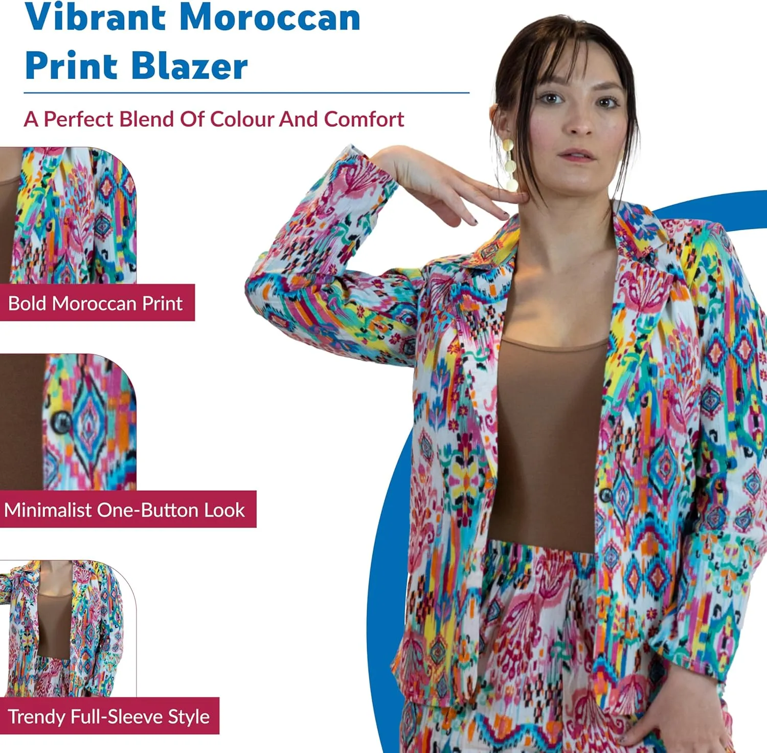 Business Casual Colorful Blazers & Pant Suits for Women Dressy with Pocket - Moroccan Print Women's Suits