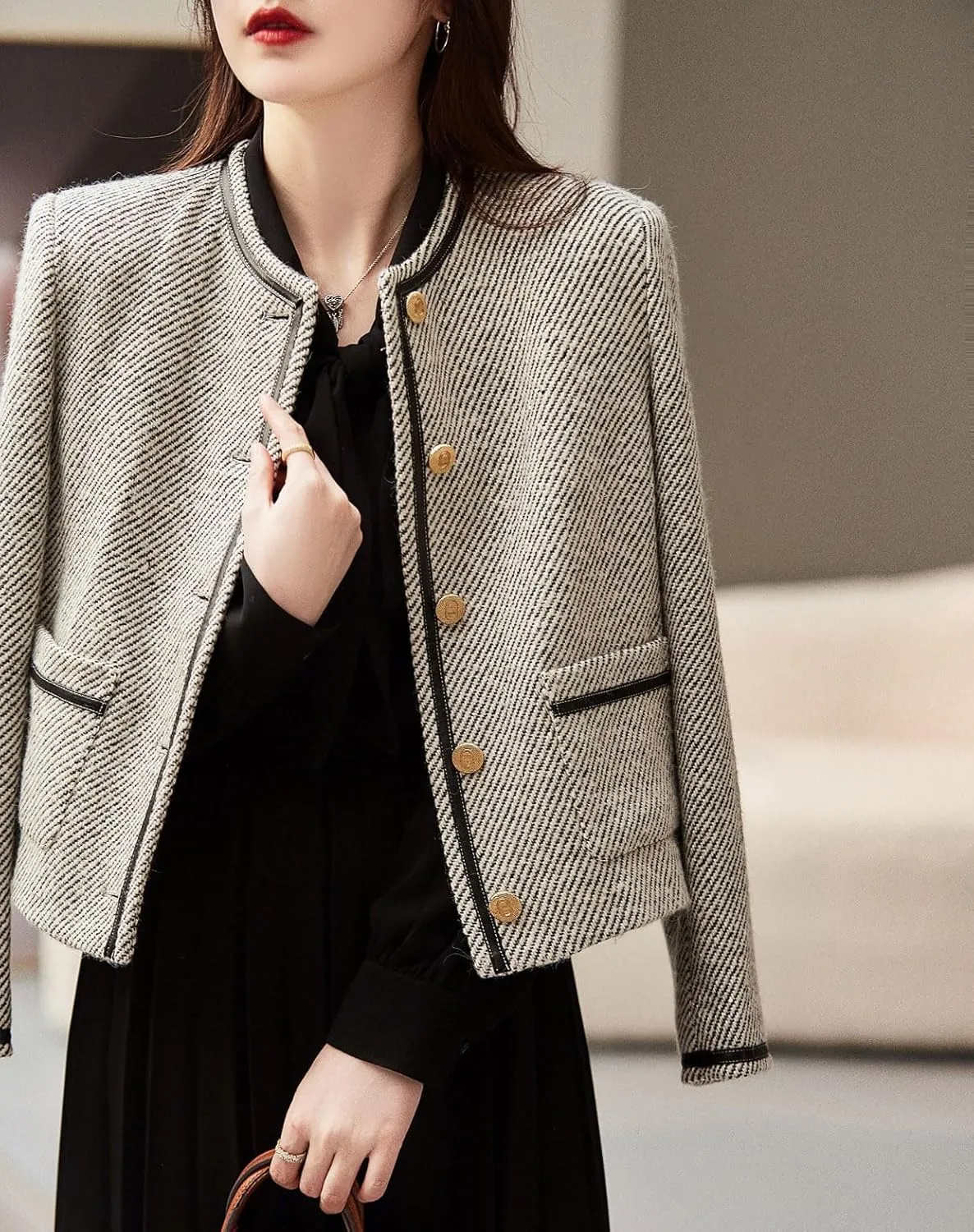 chouyatou Women's Vintage Striped Collarless Tweed Jacket Button Down Business Casual Cropped Blazer Jacket