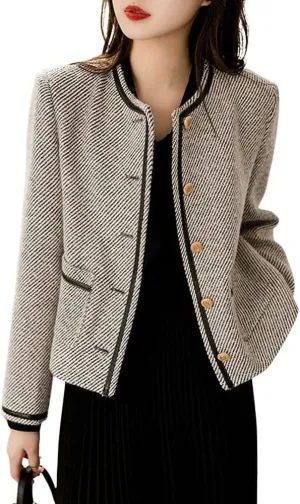 chouyatou Women's Vintage Striped Collarless Tweed Jacket Button Down Business Casual Cropped Blazer Jacket