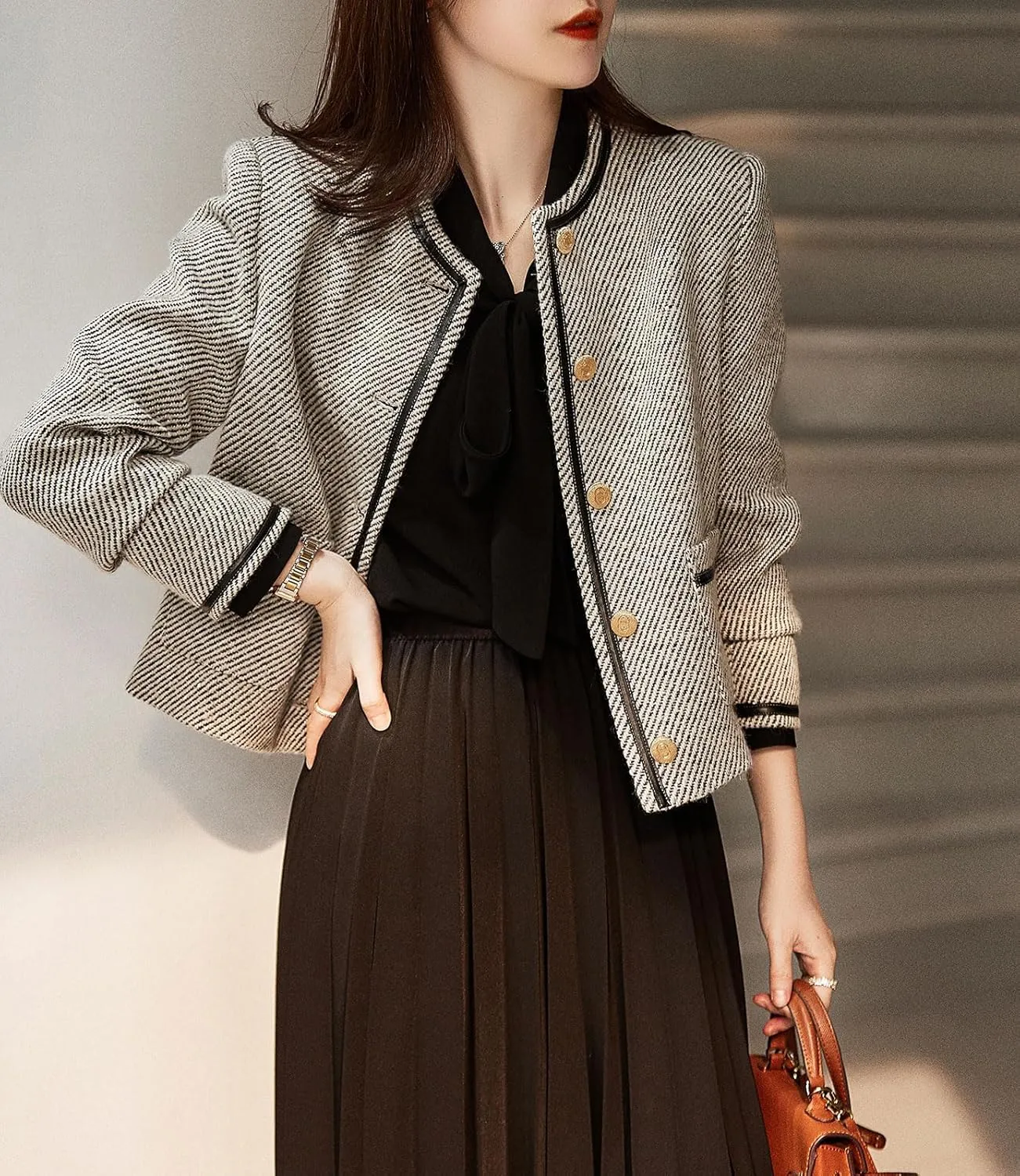 chouyatou Women's Vintage Striped Collarless Tweed Jacket Button Down Business Casual Cropped Blazer Jacket