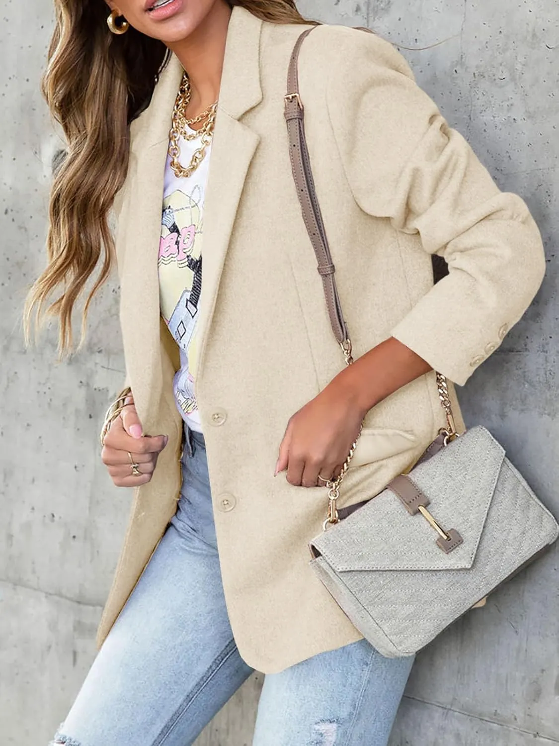 Cicy Bell Women's Woolen Blazer Jackets Casual Long Sleeve Notch Lapel Open Front Work Office Blazers
