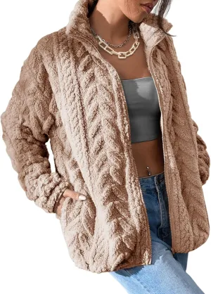Dokotoo Winter Fleece Jacket for Women Oversized Zipper Up 2024 Stand Collar with Pockets Baggy Coats