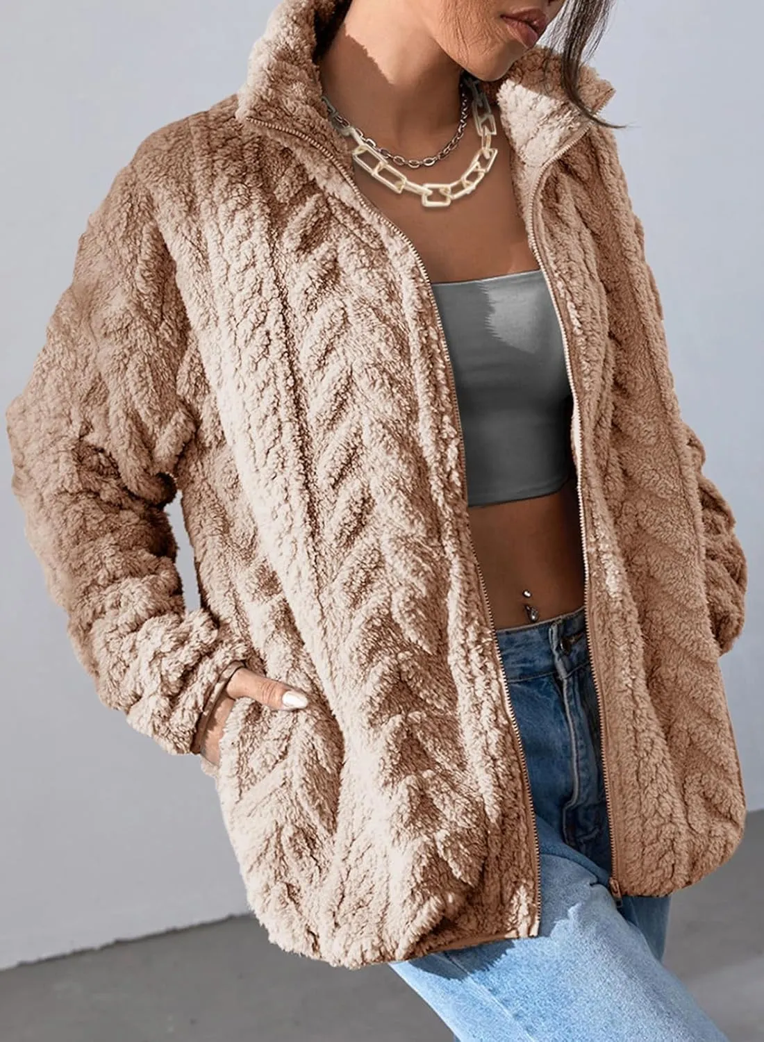 Dokotoo Winter Fleece Jacket for Women Oversized Zipper Up 2024 Stand Collar with Pockets Baggy Coats