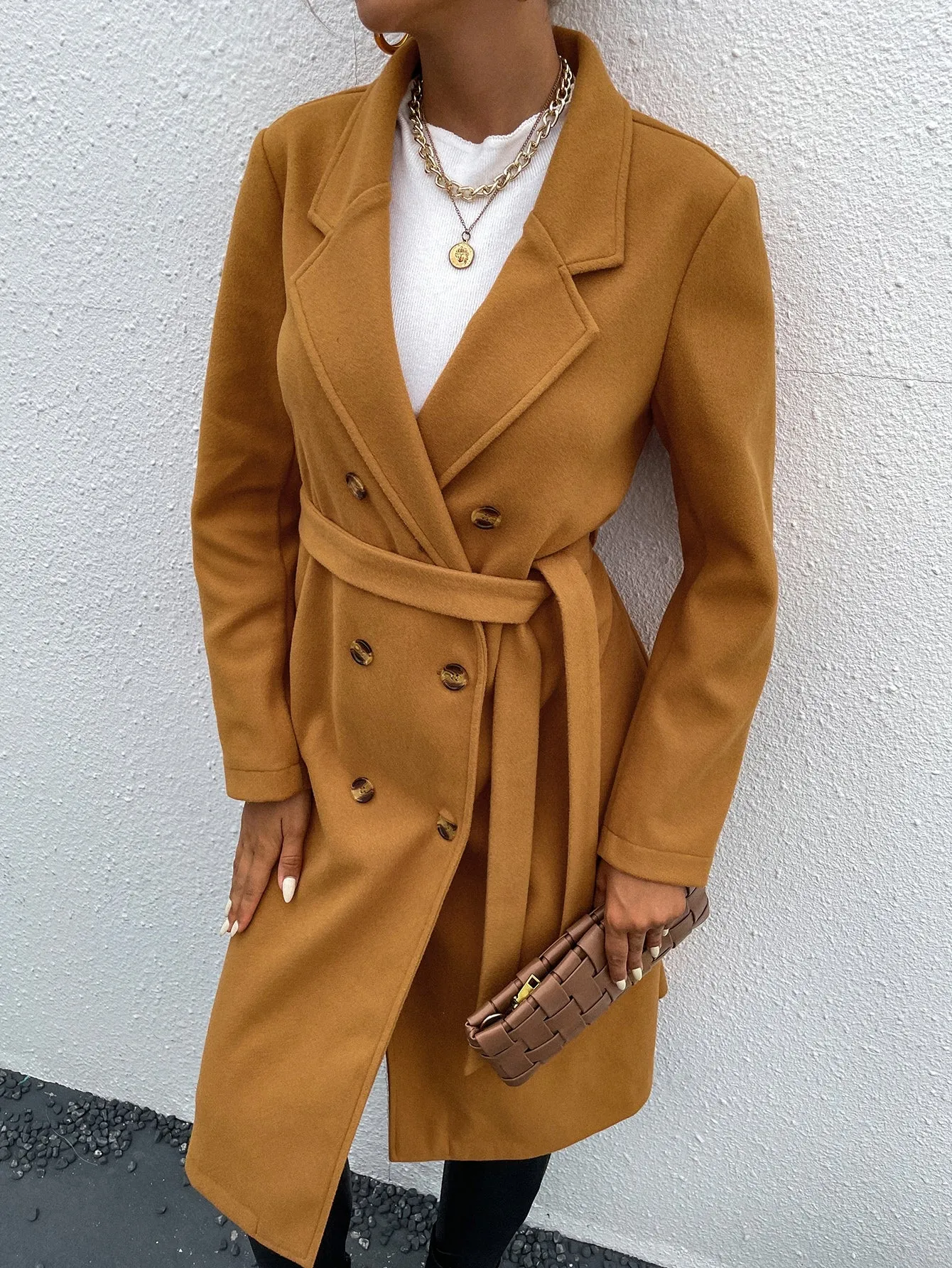 Elegant Plain Button Front Long Sleeve Lapel Midi Women Coat