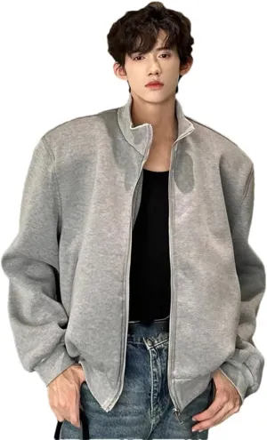 ERFMFKL Men's Stand Collar Cotton Jackets Casual Solid Shoulder Padded Zipper Short Coats Gray Asian Size XL