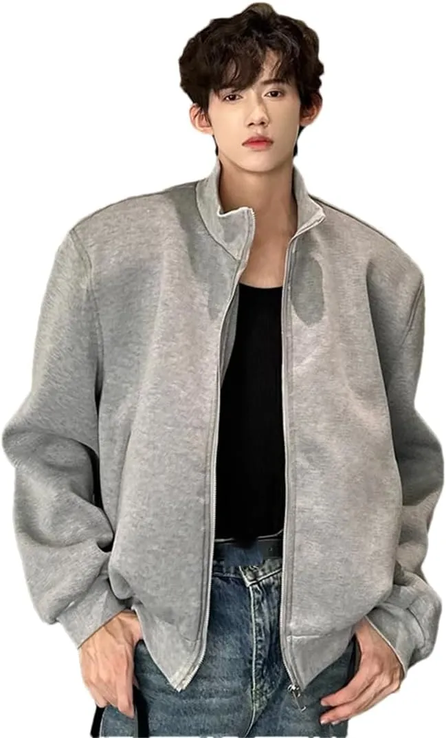 ERFMFKL Men's Stand Collar Cotton Jackets Casual Solid Shoulder Padded Zipper Short Coats Gray Asian Size XXL