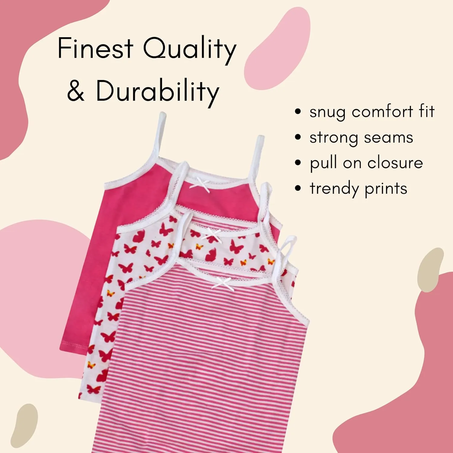 Feathers Girls Pink Butterfly Print Tagless Cami Super Soft Undershirts (3/Pack)
