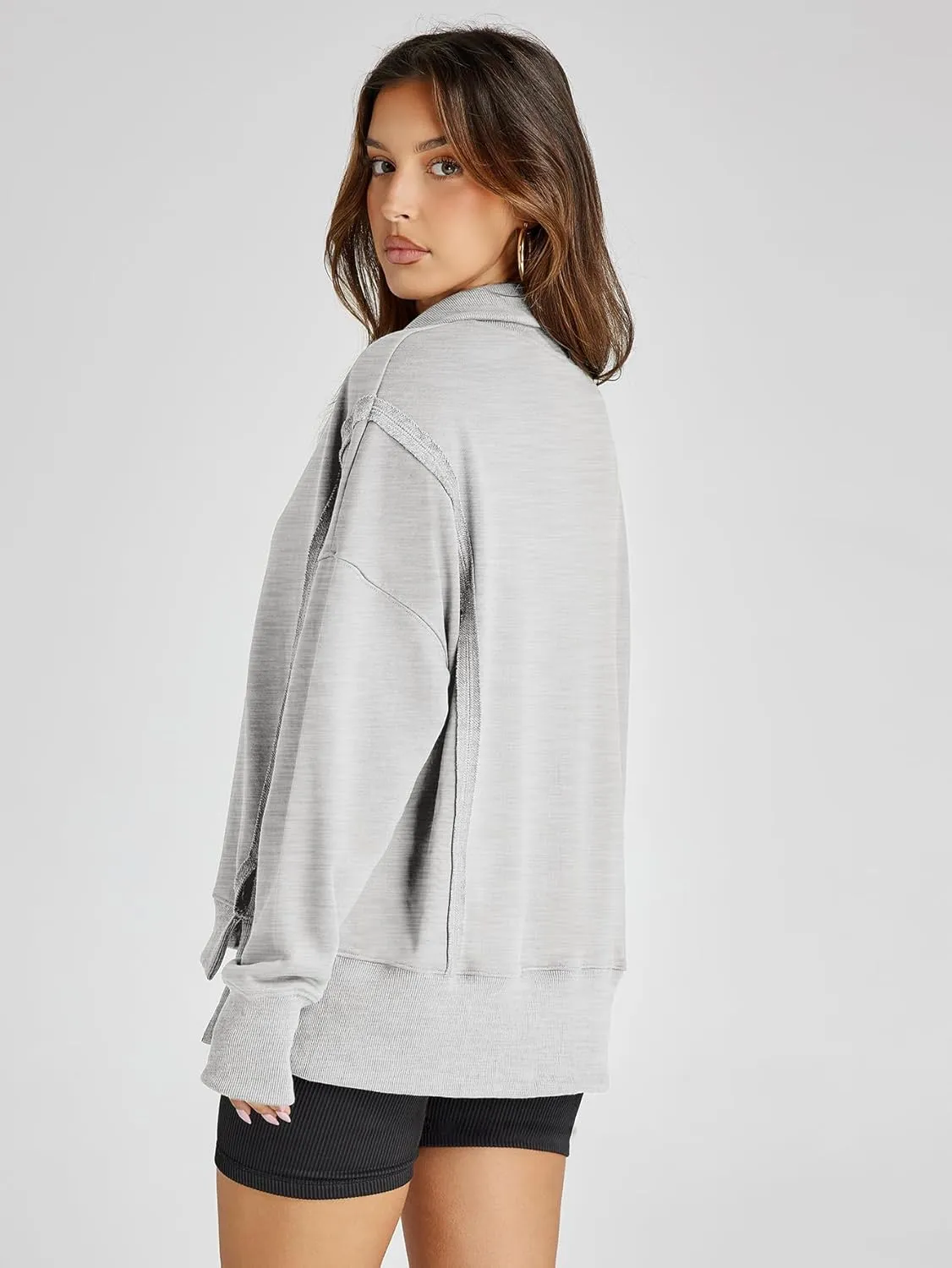 Glamaker Women's Oversized Sweatshirt Casual Long Sleeve Button V Neck Pullover Loose Tops Outfits Fall Fashion