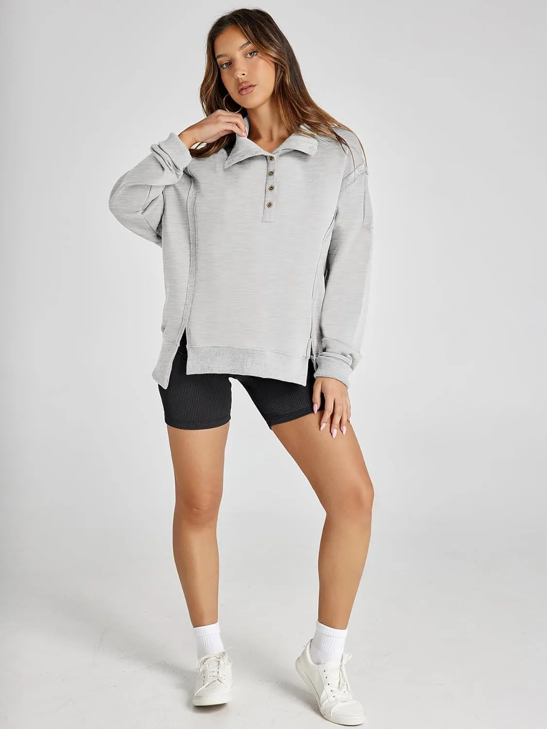 Glamaker Women's Oversized Sweatshirt Casual Long Sleeve Button V Neck Pullover Loose Tops Outfits Fall Fashion