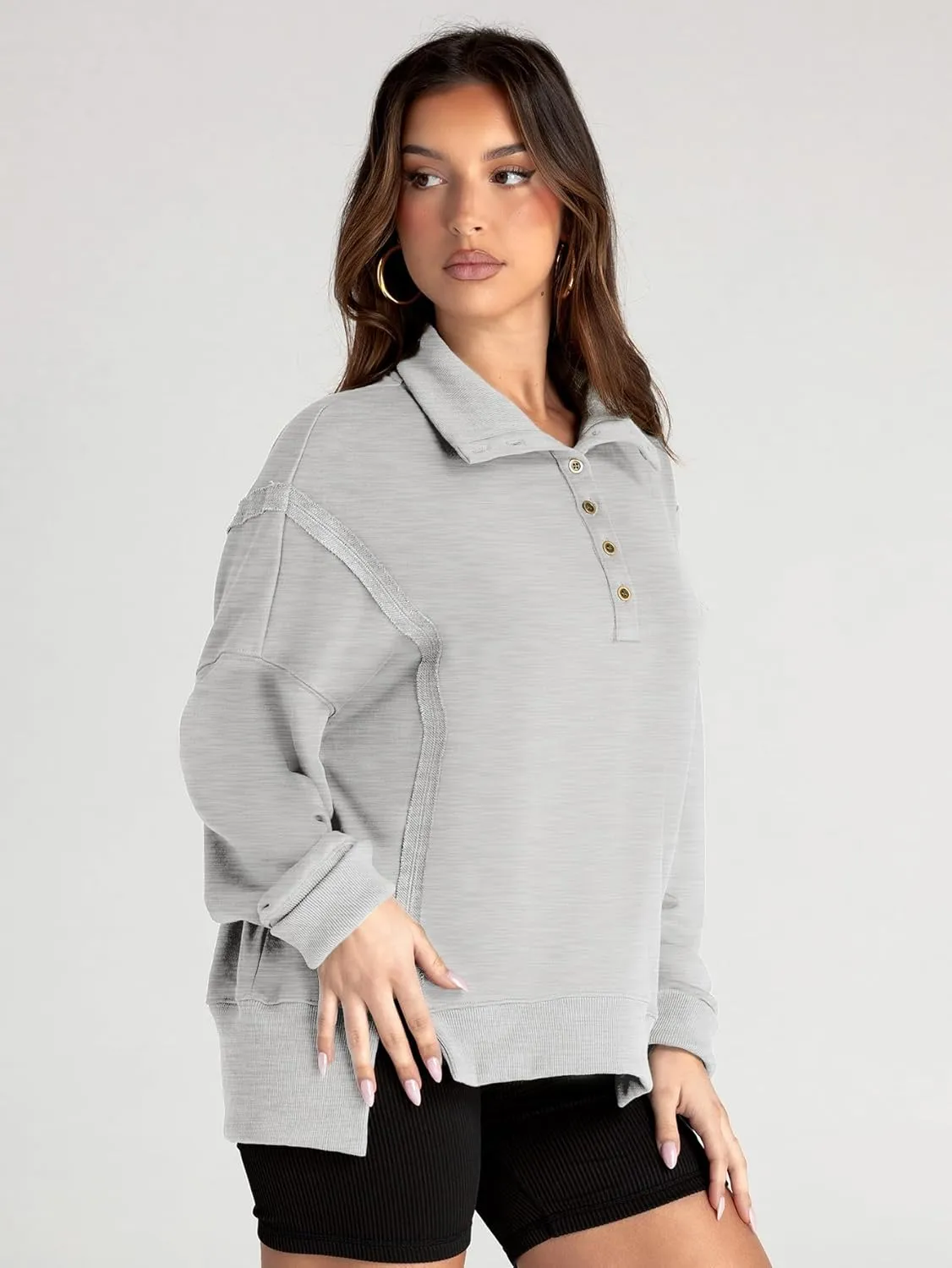 Glamaker Women's Oversized Sweatshirt Casual Long Sleeve Button V Neck Pullover Loose Tops Outfits Fall Fashion