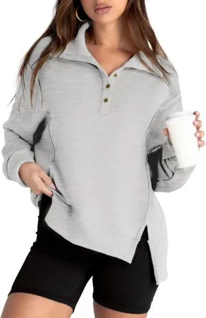 Glamaker Women's Oversized Sweatshirt Casual Long Sleeve Button V Neck Pullover Loose Tops Outfits Fall Fashion