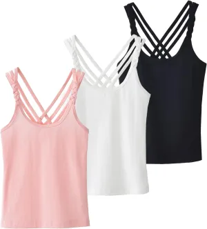 Happy Cherry Girls Cami Tank Top Cute Criss Cross Back Vest Soft Sleeveless Undershirts Breathable Camisoles
