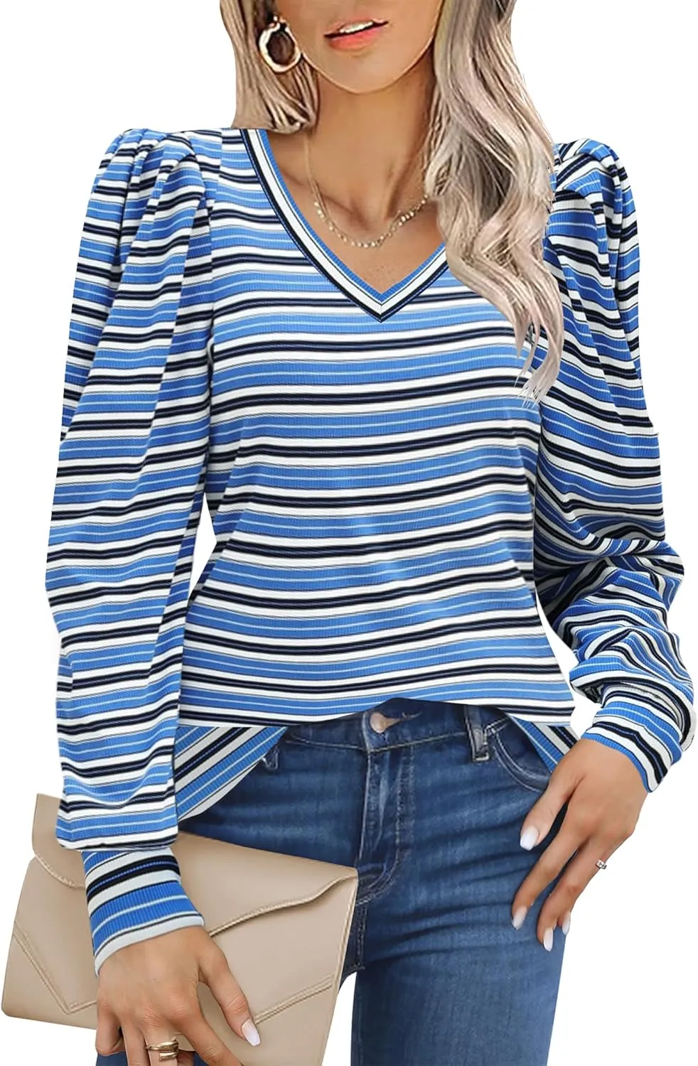 HOTOUCH Women's Knit Shirt Soft Puff Long Sleeve Blouse Tops Lightweight V Neck Tunic XS-XXL