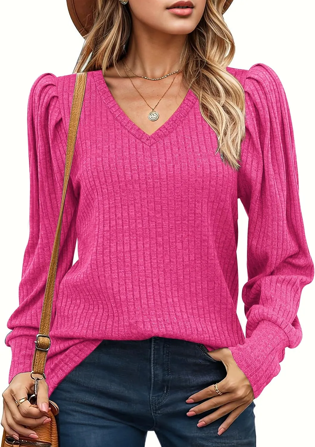 HOTOUCH Women's Knit Shirt Soft Puff Long Sleeve Blouse Tops Lightweight V Neck Tunic XS-XXL