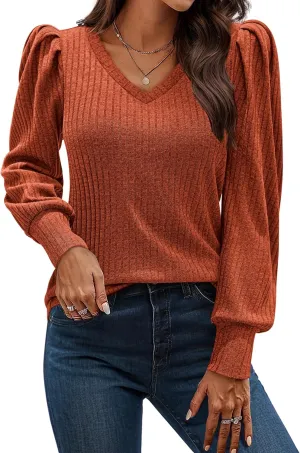 HOTOUCH Women's Knit Shirt Soft Puff Long Sleeve Blouse Tops Lightweight V Neck Tunic XS-XXL