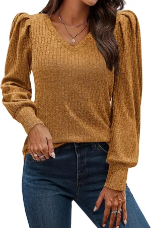 HOTOUCH Women's Knit Shirt Soft Puff Long Sleeve Blouse Tops Lightweight V Neck Tunic XS-XXL