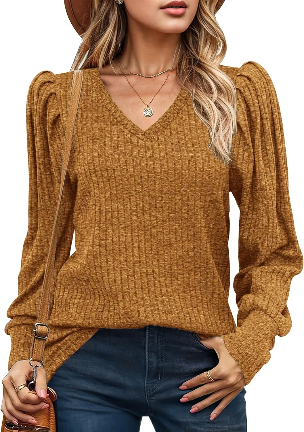 HOTOUCH Women's Knit Shirt Soft Puff Long Sleeve Blouse Tops Lightweight V Neck Tunic XS-XXL