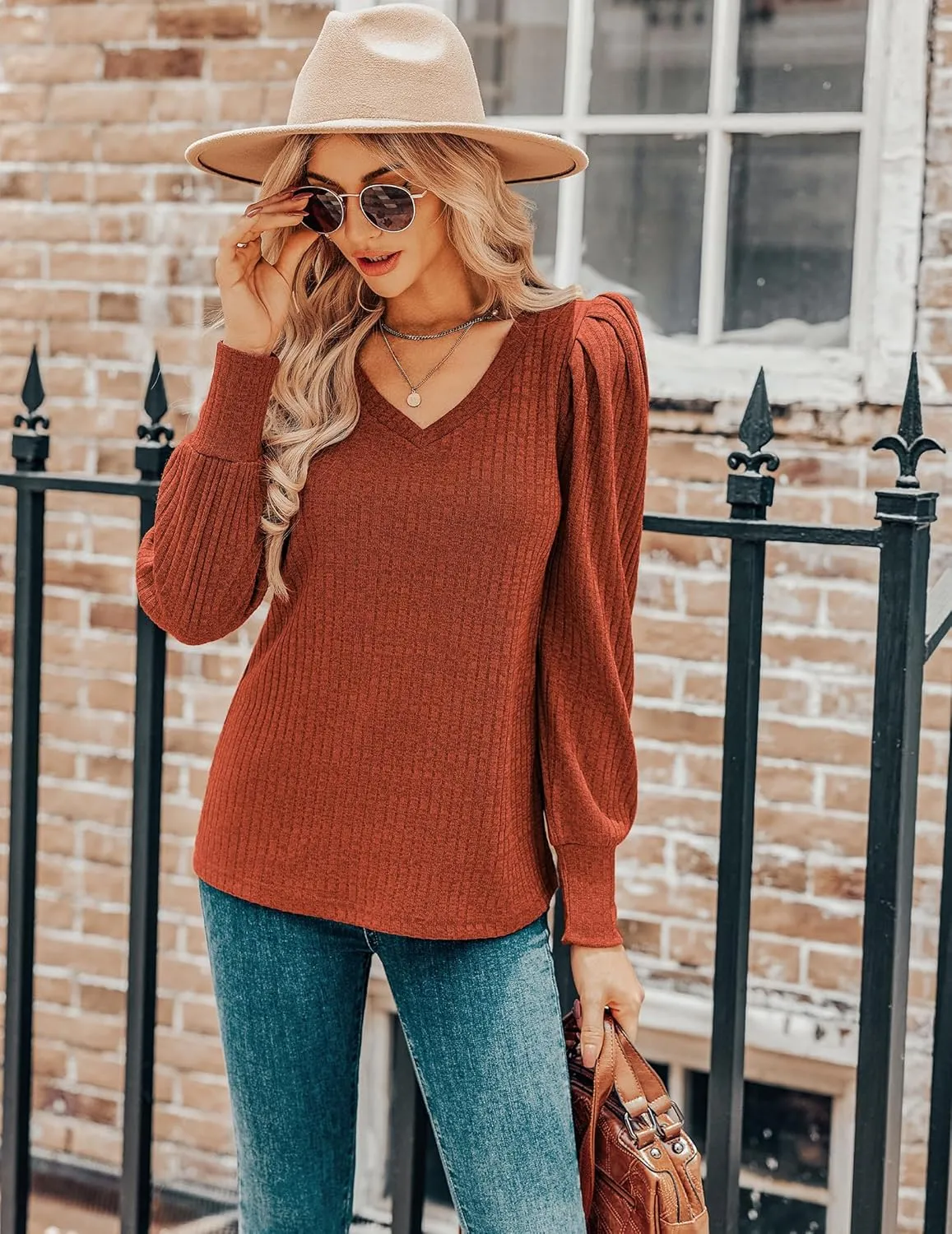 HOTOUCH Women's Knit Shirt Soft Puff Long Sleeve Blouse Tops Lightweight V Neck Tunic XS-XXL