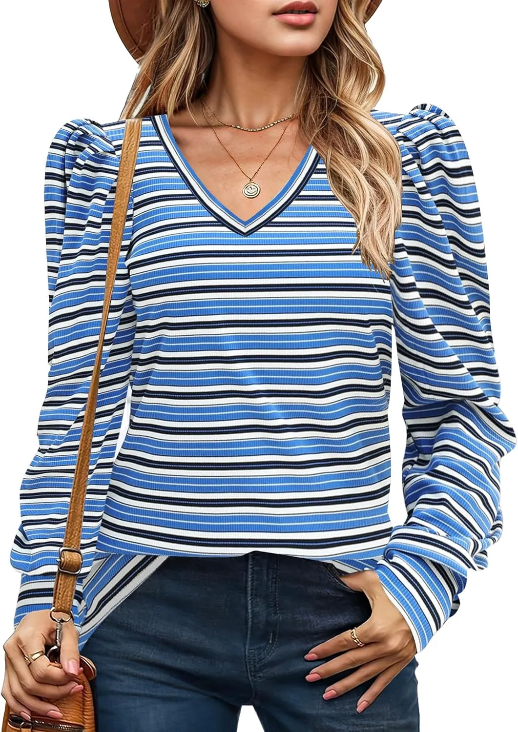 HOTOUCH Women's Knit Shirt Soft Puff Long Sleeve Blouse Tops Lightweight V Neck Tunic XS-XXL