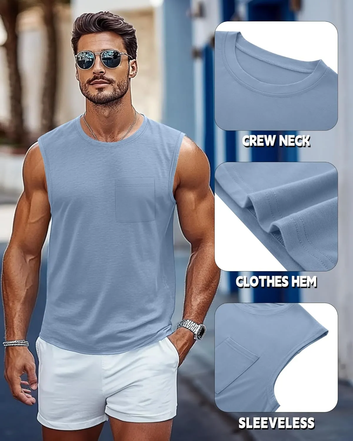 Huukeay 3 Pack Cotton Men's Big and Tall Sleeveless Tank Tops Muscle Shirts Gym Casual Workout Tees with Pocket