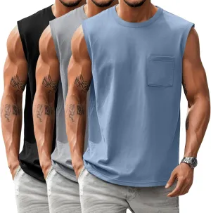 Huukeay 3 Pack Cotton Men's Big and Tall Sleeveless Tank Tops Muscle Shirts Gym Casual Workout Tees with Pocket