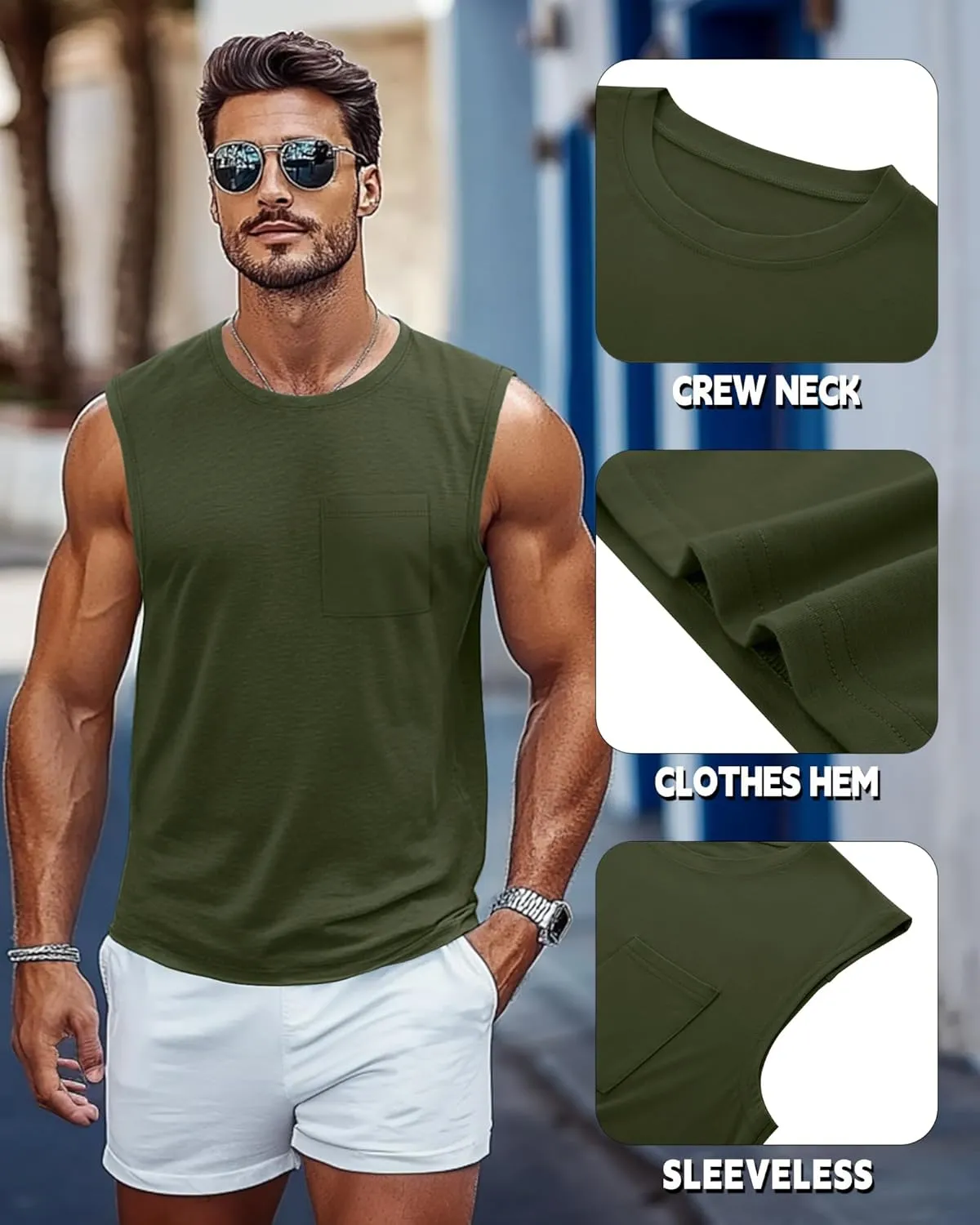 Huukeay 3 Pack Cotton Men's Big and Tall Sleeveless Tank Tops Muscle Shirts Gym Casual Workout Tees with Pocket