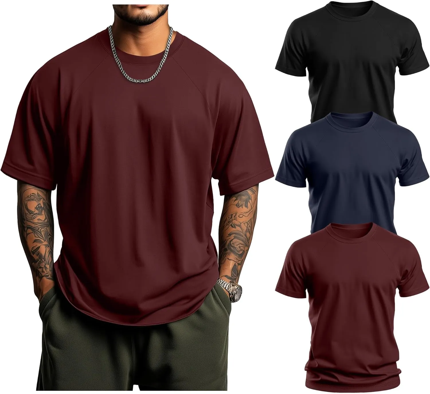 Huukeay 3 Pack Men's Big & Tall Short Sleeve Shirts, Cotton Plus Size Crew Neck Tees Basic Moisture Wicking Summer Solid Tops
