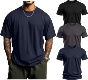 Huukeay 3 Pack Men's Big & Tall Short Sleeve Shirts, Cotton Plus Size Crew Neck Tees Basic Moisture Wicking Summer Solid Tops